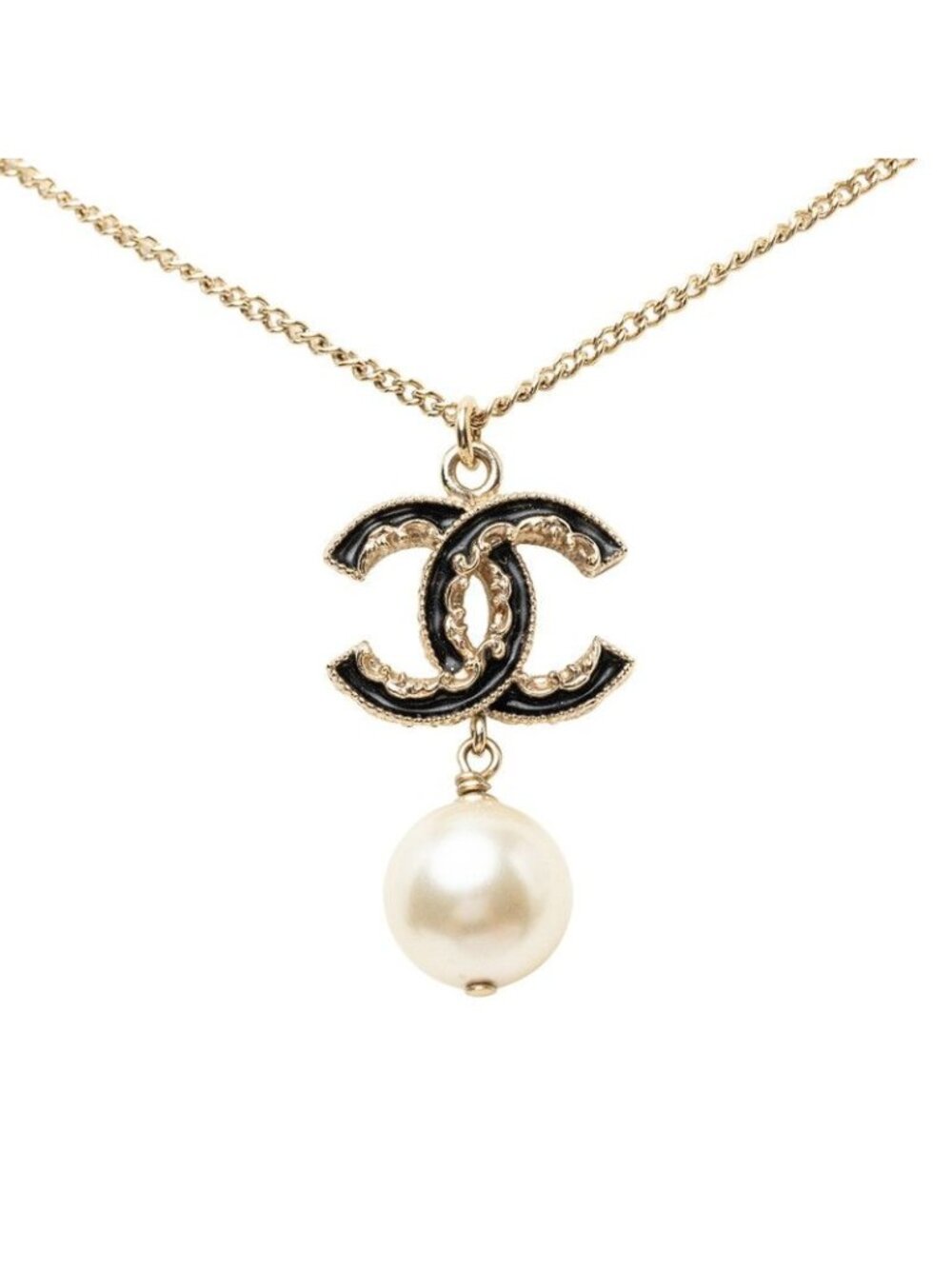 Chanel CC Logo Necklace Gold Black Plated Faux Pearl